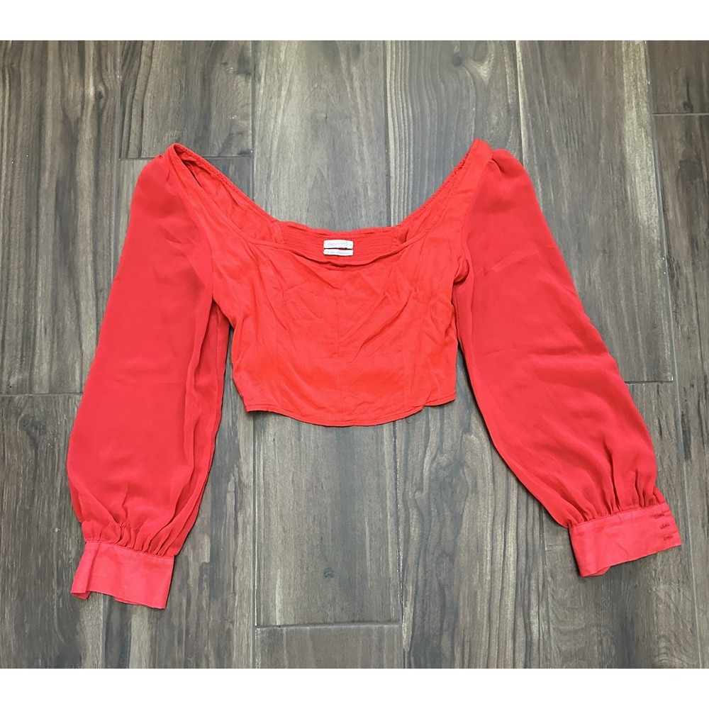 Urban Outfitters Red Square Neck Smocked Back Balloon Sleeve Crop Top Large